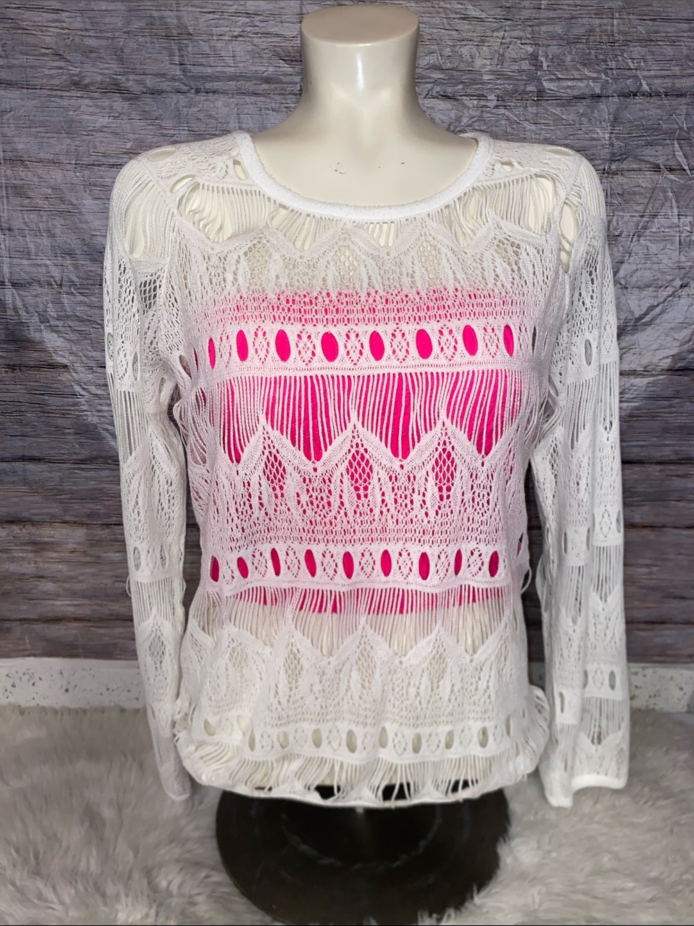Sold* Miss Me White Crochet Pullover Sweater - Picture 3 of 9